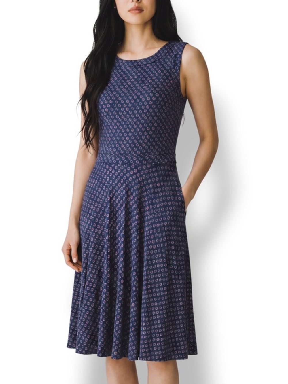 4/$20 LOFT Navy Pink Print Sleeveless Fit & Flare Midi Dress XS Rayon Tencel